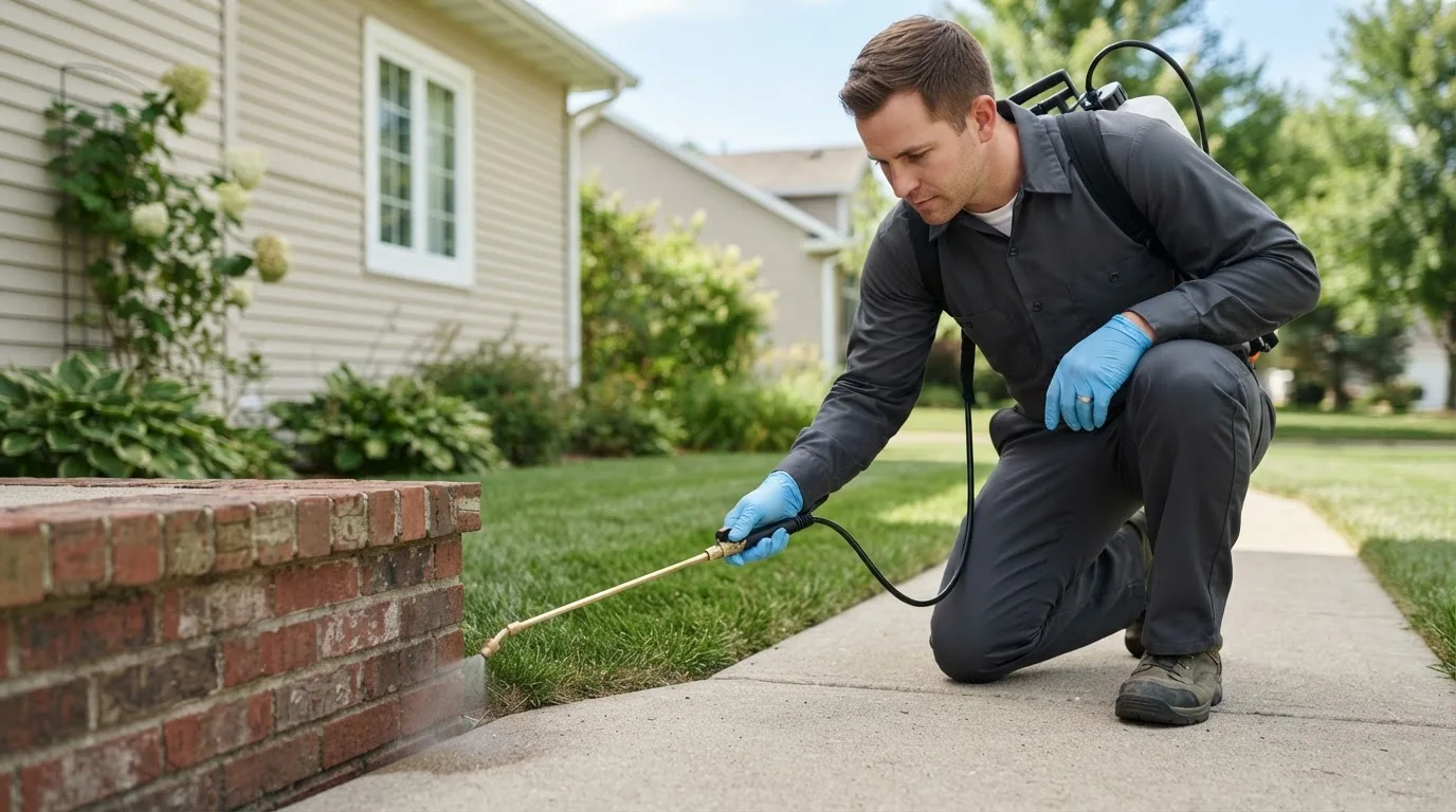 Pest control technician treating a home near San Bernardino, CA